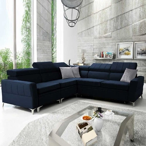 Narożnik z funkcją spania Rava IV granatowy lewostronny velvet komfort podczas codziennego wypoczynku pojemnik na pościel