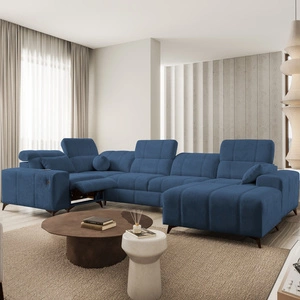 Narożnik z funkcją spania Penejos IV Lux niebieski prawostronny stylowy narożnik rozkładany z komfortowym wysuwanym podnóżkiem