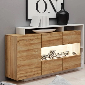 Komoda Elma 155 cm dąb grandson / biały nowoczesny design mebla obrzeża komody wykończone specjalną okleiną ABS