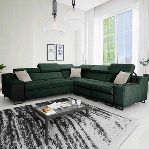 Narożnik z funkcją spania Alcamo III zielony prawostronny funkcjonalny i stylowy narożnik z szufladą w boczku dwa pojemniki na pościel