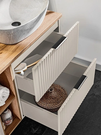 Szafka pod umywalkę Adeel 80 cm beżowa starannie wykonana szafka z szufladami odporna na działanie wilgoci ryflowane fronty