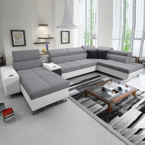 Narożnik z funkcją spania Dafni V szaro biały lewostronny pleciony wygodny i komfortowy narożnik z regulowanymi zagłówkami