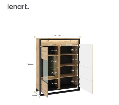 Witryna niska Quant 110 cm dąb artisan / czarny elegancka witryna do salonu w stylu loftowym z subtelnym oświetleniem LED