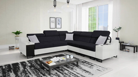 Narożnik z funkcją spania Alcamo III czarny / biały prawostronny funkcjonalny narożnik z szufladą w boczku dwa pojemniki na pościel