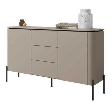 Komoda z szufladami Belle 163 cm ciemny beżowy elegancka komoda o zaokrąglonym kształcie system otwierania push to open metalowe czarne nogi