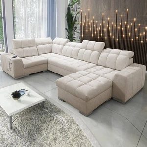 Narożnik z funkcją spania Luigi IV beżowy prawostronny elegancki narożnik do salonu wykonany z miękkiej tkaniny typu velvet