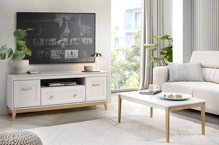 Stolik kawowy Windsor beżowy / dąb idealny stolik do mniejszych przestrzeni nogi z litego drewna dębowego ozdobna listwa pod blatem