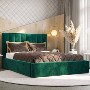 Łóżko tapicerowane Rinus 140x200 z pojemnikiem butelkowa zieleń w nowoczesnym skandynawskim stylu z wygodnym zagłówkiem