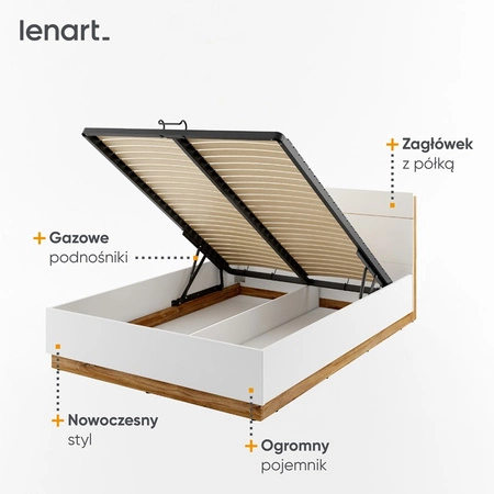 Łóżko Dentro 160x200 cm biały / dąb stirling wygodne łóżko do sypialni z pojemnikiem wysoki zagłówek z oświetleniem ledowym