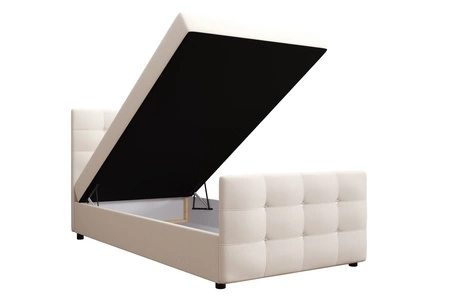 Łóżko kontynentalne Kansas 100x200 beżowe w nowoczesnym skandynawskim stylu z tapicerowanym zagłówkiem oraz zanóżkiem