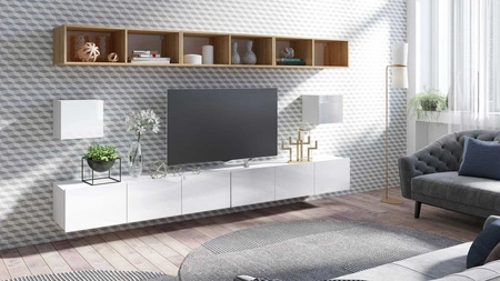 Meblościanka Apulia XXXIV biały połysk / dąb złoty wyjątkowo stylowa meblościanka proste bryły wpisujące się w każde wnętrze