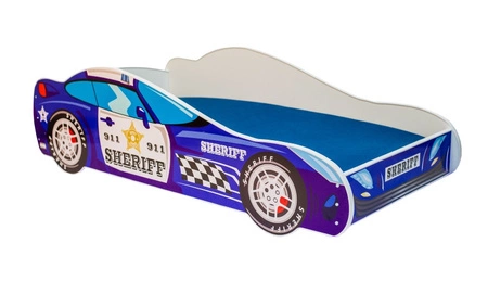 Łóżko Sheriff 70x140 cm designerskie łóżko z materacem w kształcie samochodu z ozdobnym nadrukiem wykonane z solidnych materiałów