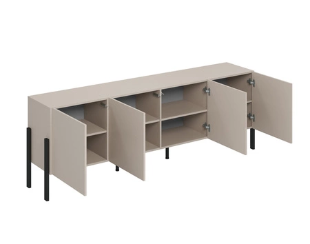 Szafka RTV Jukon 204 cm beżowa elegancka forma mebla w nowoczesnym stylu system otwierania push to open metalowe czarne nogi