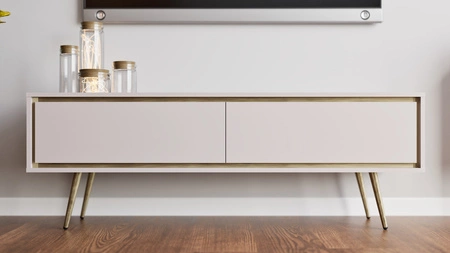 Szafka RTV Nevea 150 cm beżowa elegancka szafka w subtelnej kolorystyce oryginalna dekoracja każdego wnętrza stabilne złote nogi