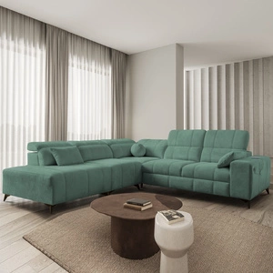 Narożnik z funkcją spania Penejos IX zielony lewostronny stylowy narożnik z pojemnikami na pościel wygodne regulowane zagłówki