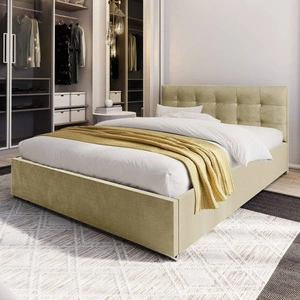 Łóżko tapicerowane Montigo 160x200 beżowe z pojemnikiem w nowoczesnym skandynawskim stylu z pikowanym zagłówkiem