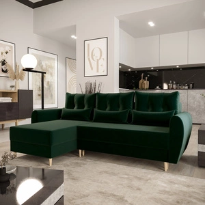 Narożnik z funkcją spania Rovigo butelkowa zieleń lewostronny elegancki narożnik w skandynawskiej formie duży pojemnik na pościel