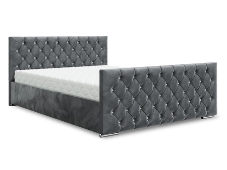 Łóżko tapicerowane Uberaba 160x200 szare z pojemnikiem w nowoczesnym skandynawskim stylu z pikowanym wezgłowiem i zanóżkiem z kryształkami
