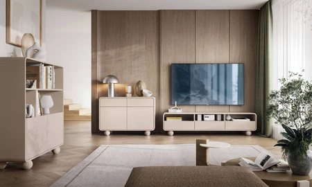 Regał Bion 108 cm beżowy nowoczesny design stonowana kolorystyka designerski zaokrąglony kształt bryły stylowe nogi w kształcie kul