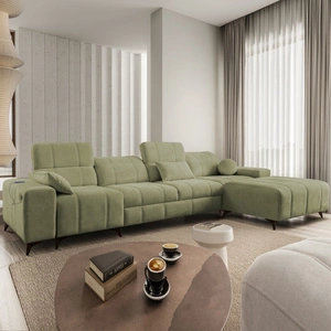 Narożnik z funkcją spania Penejos XII oliwkowy prawostronny stylowy narożnik z pojemnikami na pościel komfortowe regulowane zagłówki