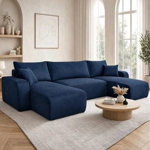 Narożnik z funkcją spania Fiesta U granatowy stylowy narożnik o ciekawym kształcie wytrzymała pluszowa tkanina pojemnik na pościel