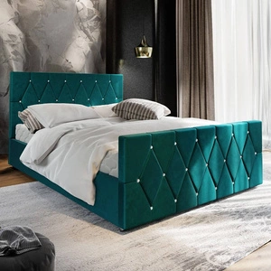 Łóżko tapicerowane Tifton 160x200 turkusowe z pojemnikiem w nowoczesnym stylu z charakterystycznym wezgłowiem oraz z zanóżkiem wykończone kryształkami