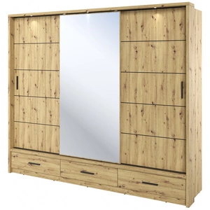 Szafa przesuwna z lustrem Arti 250 cm dąb artisan estetycznie wykonana szafa do sypialni wzbogacona oświetleniem LED pojemne szuflady