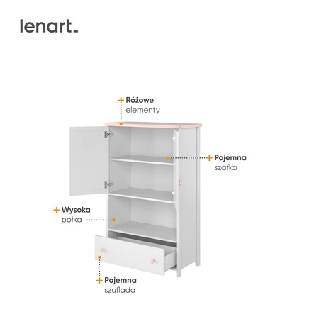 Komoda wysoka Luna 85 cm biały / różowy estetyczna komoda z szufladą i półką elegancki design połączony z wysoką jakością wykonania