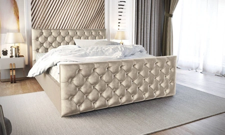 Łóżko tapicerowane Viamao 180x200 beżowe z pojemnikiem w nowoczesnym skandynawskim stylu z pikowanym wezgłowiem oraz zanóżkiem