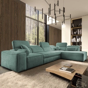 Narożnik z funkcją spania Viano XI patynowy prawostronny modny i stylowy narożnik z regulowanymi zagłówkami ozdobne poduszki