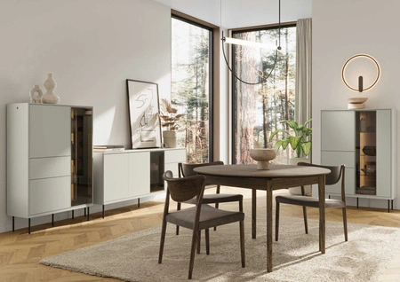 Komoda z szufladami Epiro 134 cm beżowy / dąb ciemny wyjątkowy design komoda z eleganckim przeszklonym frontem i oświetleniem LED