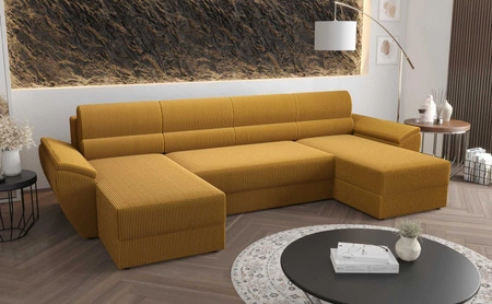 Narożnik z funkcją spania Fogu U II miodowy wygodny narożnik z komfortowymi podłokietnikami ciekawy design pojemnik na pościel