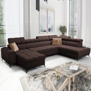 Narożnik z funkcją spania Bolmso VI brązowy lewostronny wygodny narożnik z regulowanymi zagłówkami dekoracyjne pikowania na siedzisku