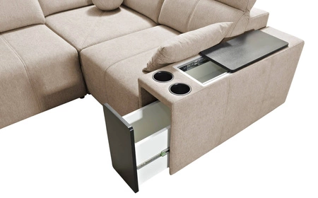 Narożnik z funkcją spania Tesalia miodowy lewostronny nowoczesny design komfortowe przesuwane oparcie szuflada w boczku mebla