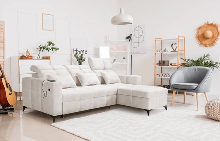 Narożnik z funkcją spania Laredo kremowy prawostronny komfortowy i stylowy narożnik rozkładany z pojemnikiem na pościel