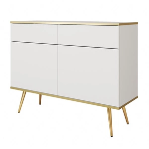 Komoda z szufladami Luxury 107 cm biała nowoczesny design komody do salonu korpus zwieńczony złotą listwą wysokie metalowe nogi