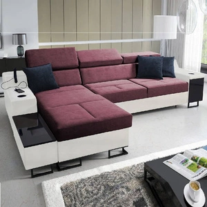Narożnik z funkcją spania Alcamo burgundowy / biały lewostronny stylowy narożnik z dostawką praktyczna szuflada w boczku mebla