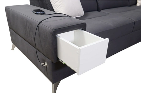 Narożnik z funkcją spania Elgin szary prawostronny narożnik z regulowanymi zagłówkami praktyczne szuflady w boczkach mebla