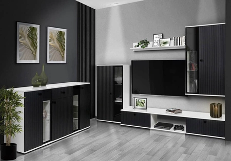 Komoda z szufladą Senja 140 cm biała / czarna elegancki design ozdobny ryflowany front z metalowym uchwytem