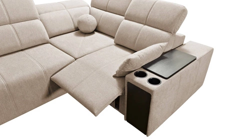 Narożnik z funkcją spania Tesalia II Lux niebieski prawostronny wygodny narożnik z przesuwanym oparciem oraz wysuwanym podnóżkiem