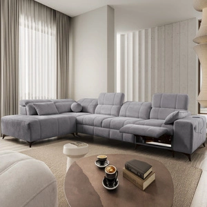 Narożnik z funkcją spania Penejos XI Lux jasny szary lewostronny stylowy narożnik rozkładany z komfortowym wysuwanym podnóżkiem