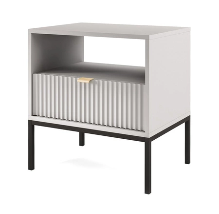 Szafka nocna z szufladą Lovro szara gustowny ryflowany dekor idealna szafka do sypialni złoty uchwyt krawędziowy