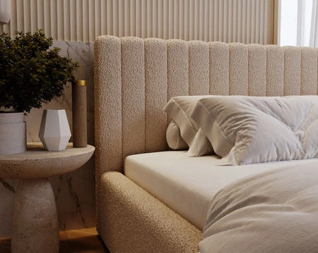 Łóżko tapicerowane Naomi 140x200 jasny beż nowoczesny design łóżko z pojemnikiem na pościel z komfortowym zagłówkiem