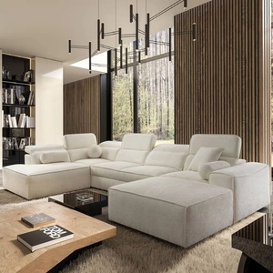 Narożnik z funkcją spania Viano VI kremowy prawostronny designerski narożnik do nowoczesnych aranżacji dwa pojemniki na pościel