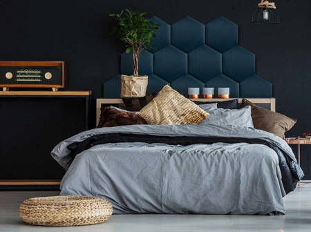 Panel tapicerowany Heksagon 40x35 cm granatowy stylowy panel ścienny welurowa tkanina modna dekoracja każdego wnętrza