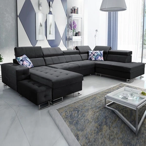 Narożnik z funkcją spania Hampton VI czarny lewostronny funkcjonalny narożnik do salonu z ruchomą dostawką oraz półką