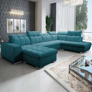 Narożnik z funkcją spania Luigi VI turkusowy lewostronny stylowy narożnik rozkładany z pojemnikami na pościel pokryty miękką tkaniną