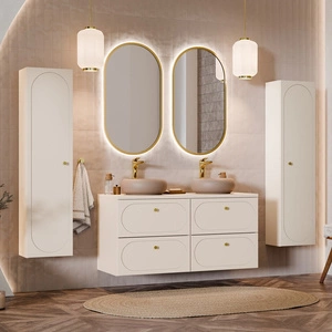 Zestaw mebli łazienkowych Donna Sand beżowy eleganckie szafki łazienkowe z dekoracyjnym obłym frezowaniem na frontach złote uchwyty