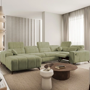 Narożnik z funkcją spania Penejos IV Lux oliwkowy lewostronny stylowy narożnik rozkładany z komfortowym wysuwanym podnóżkiem