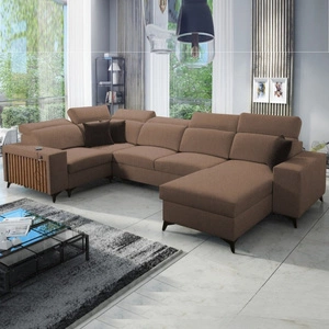 Narożnik z funkcją spania Kelly IV jasny brąz prawostronny pleciony komfortowy narożnik regulowane zagłówki bok wykończony lamelami